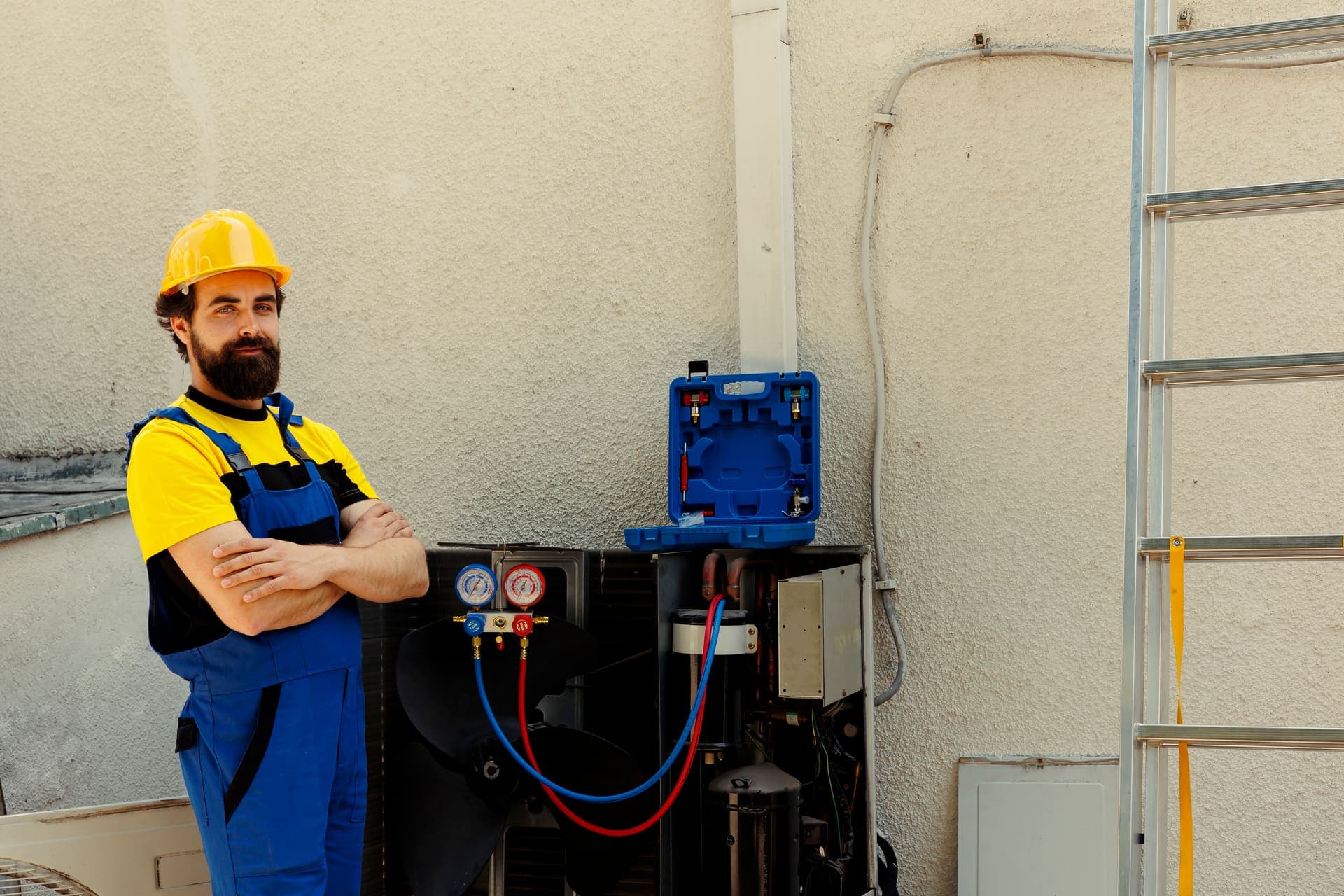 Installer checking HVAC heat pump with tablet and digital logbook
