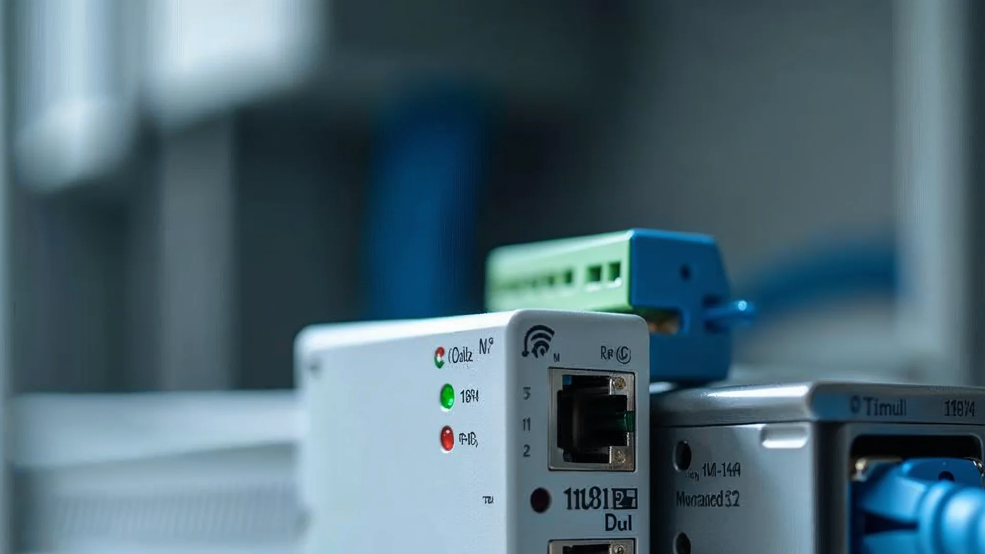 Modbus gateway on DIN rail with RS485 bus and Ethernet cable to network switch