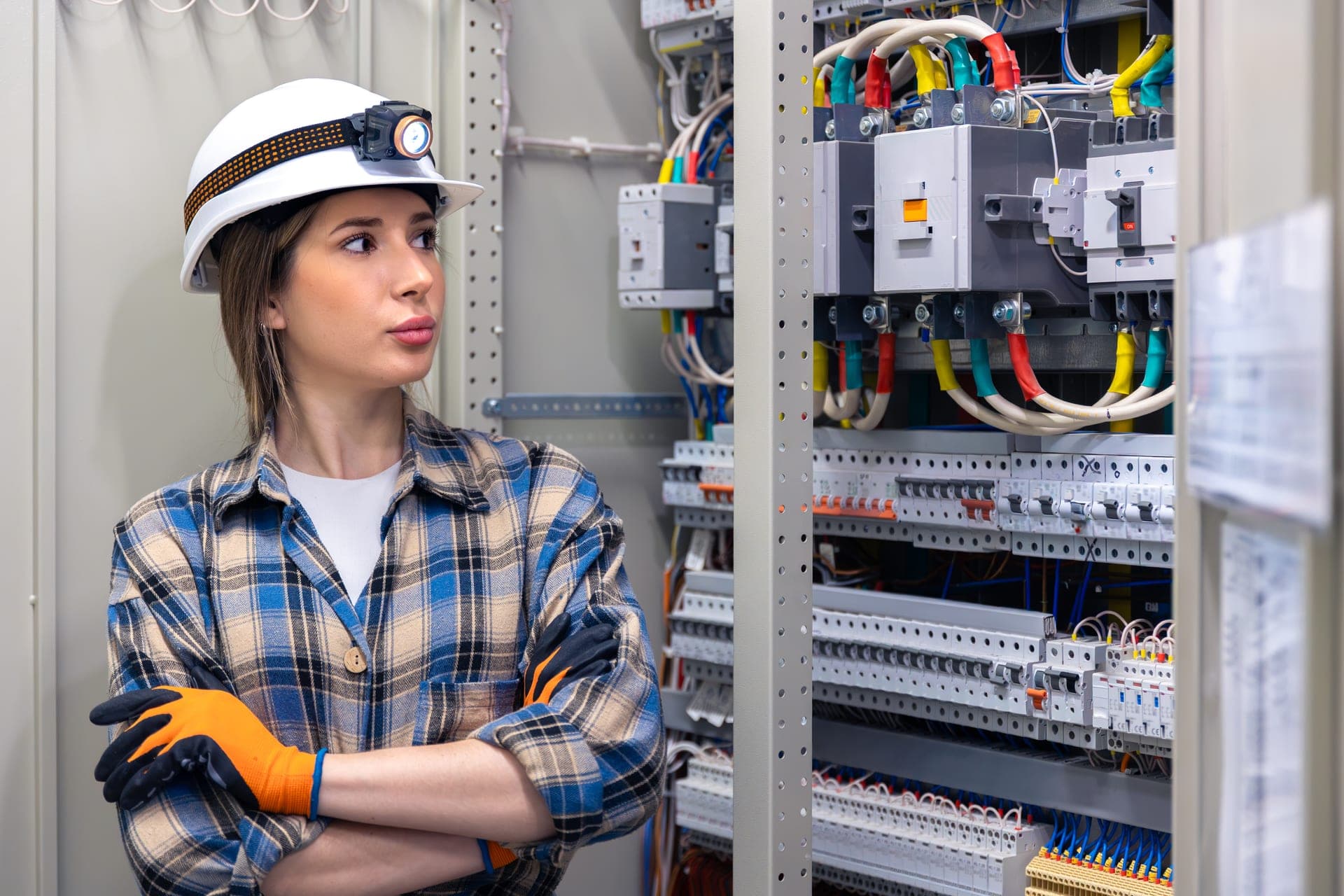 Female engineer inspecting an electrical control cabinet with RS485 wiring in a control room