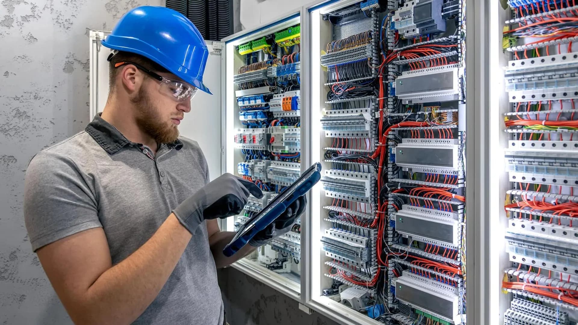 Industrial control cabinet with DIN-rail wiring and signal cabling for Modbus and RS485