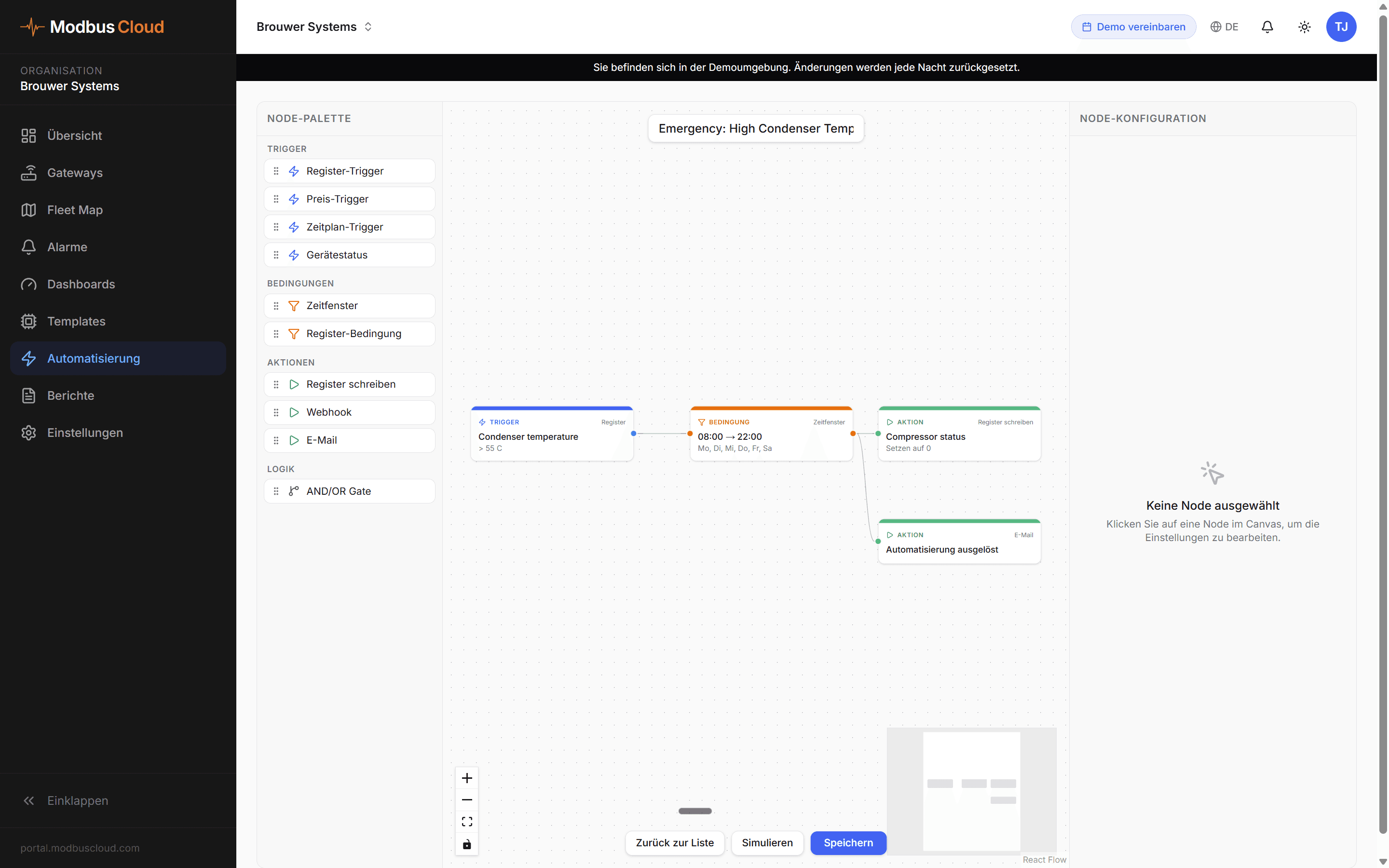 Visueller Flow-Editor fuer eine Kompressor-Notabschaltung ueber 55 Grad