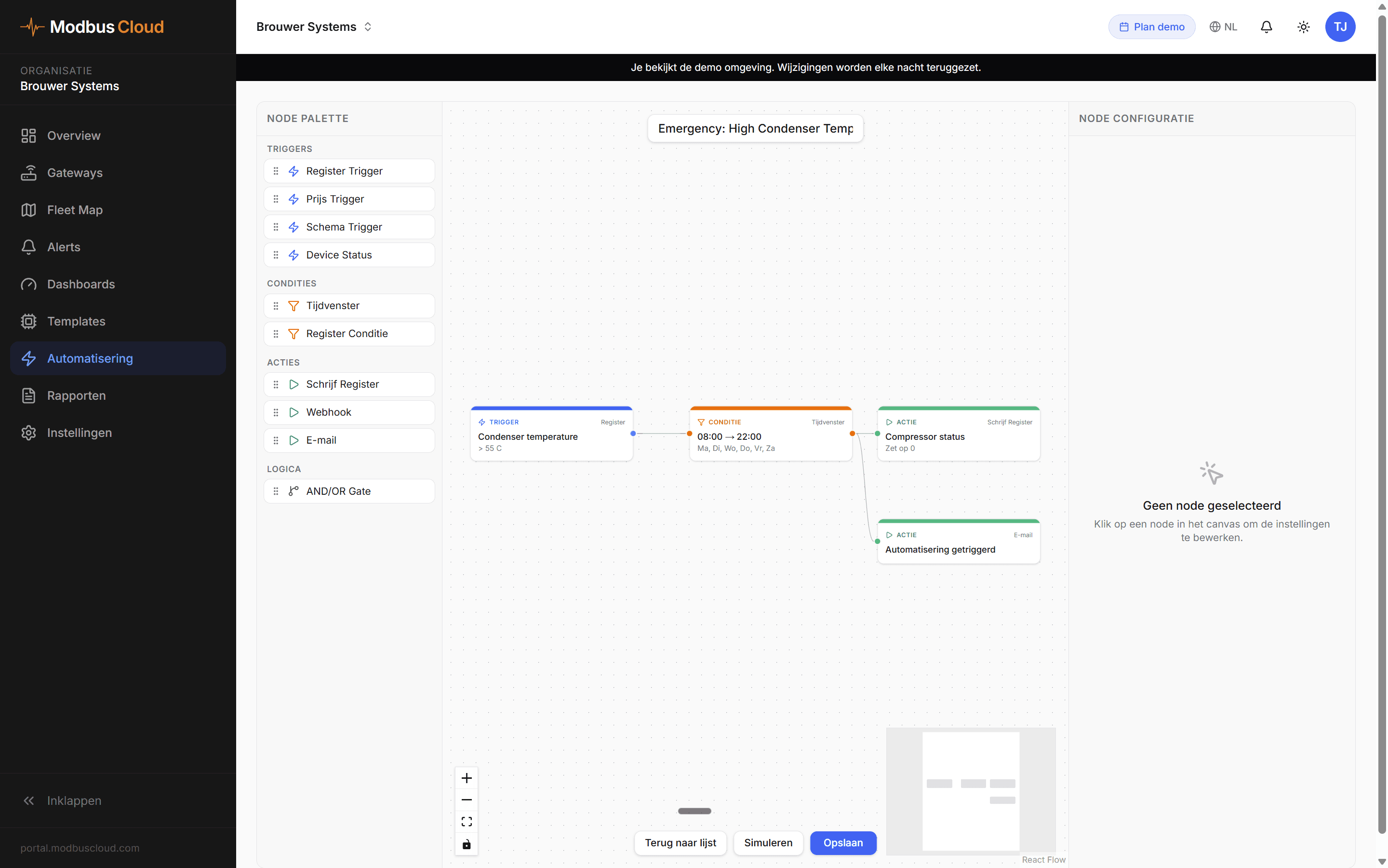 Visuele flow editor voor een compressor noodstop boven 55 graden