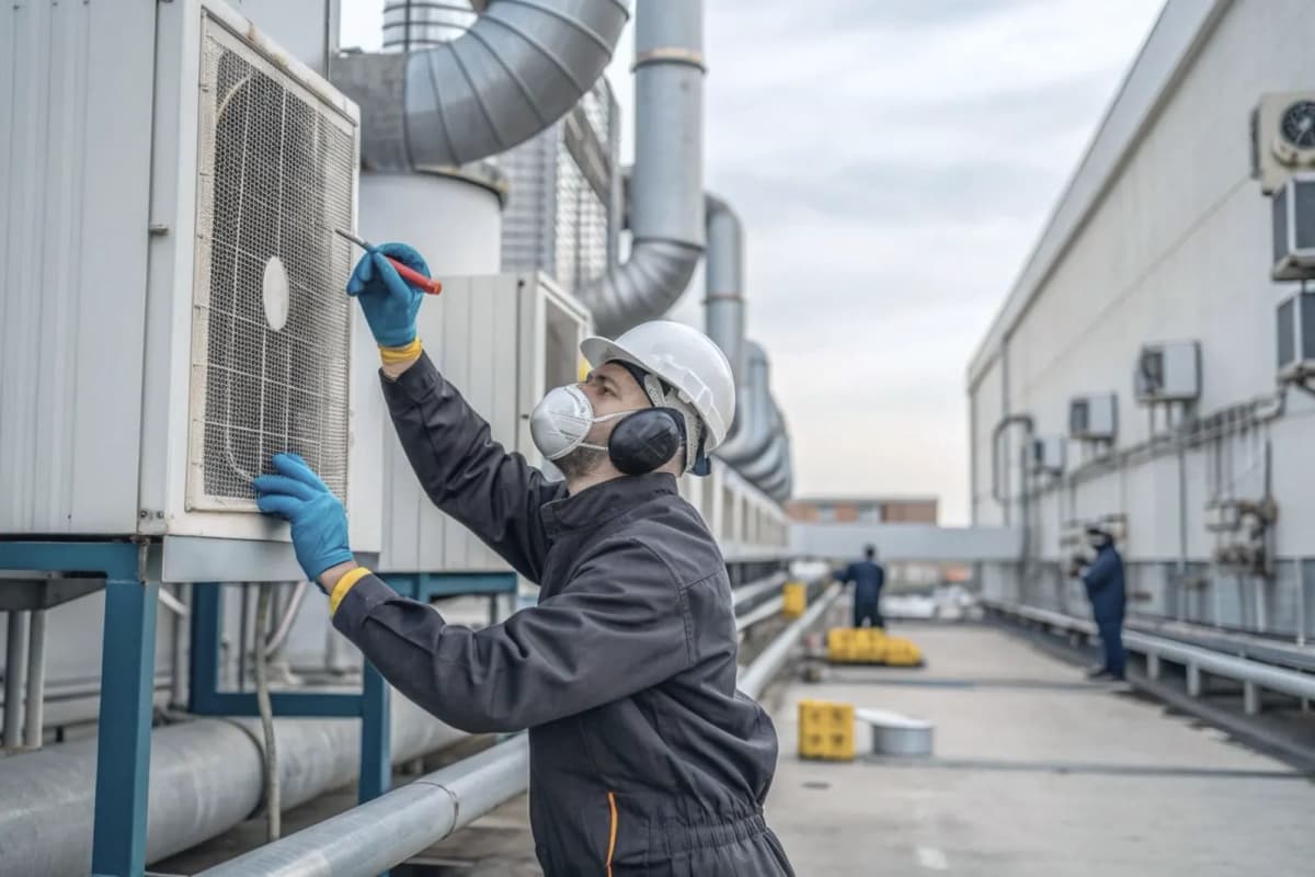 Techniker mit Helm und Atemschutz prüft die Lüftungsgeräte auf einem Flachdach