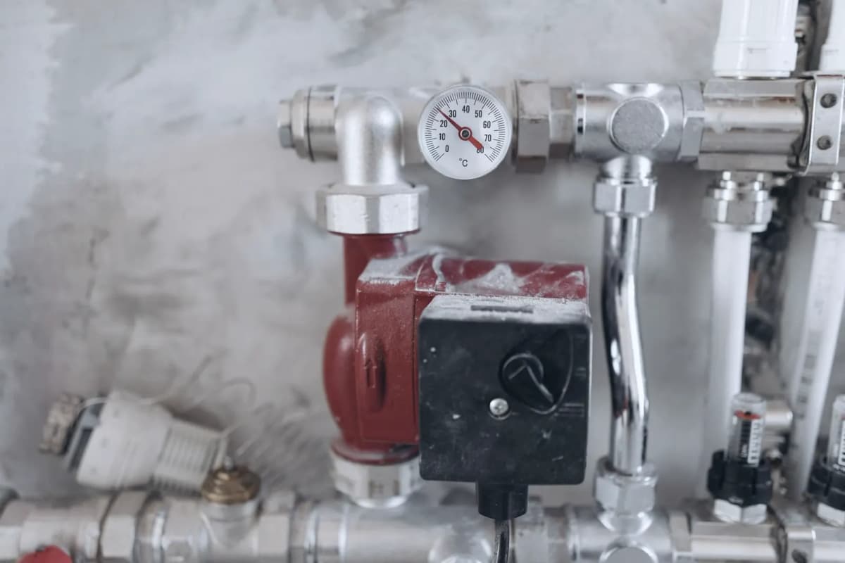 Manifold with circulation pump and thermometer in a plant room