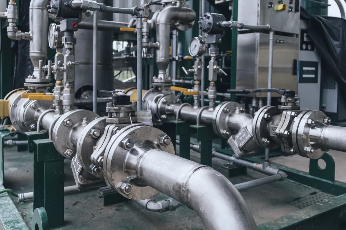 Pipework with pumps, valves and pressure gauges in a plant room