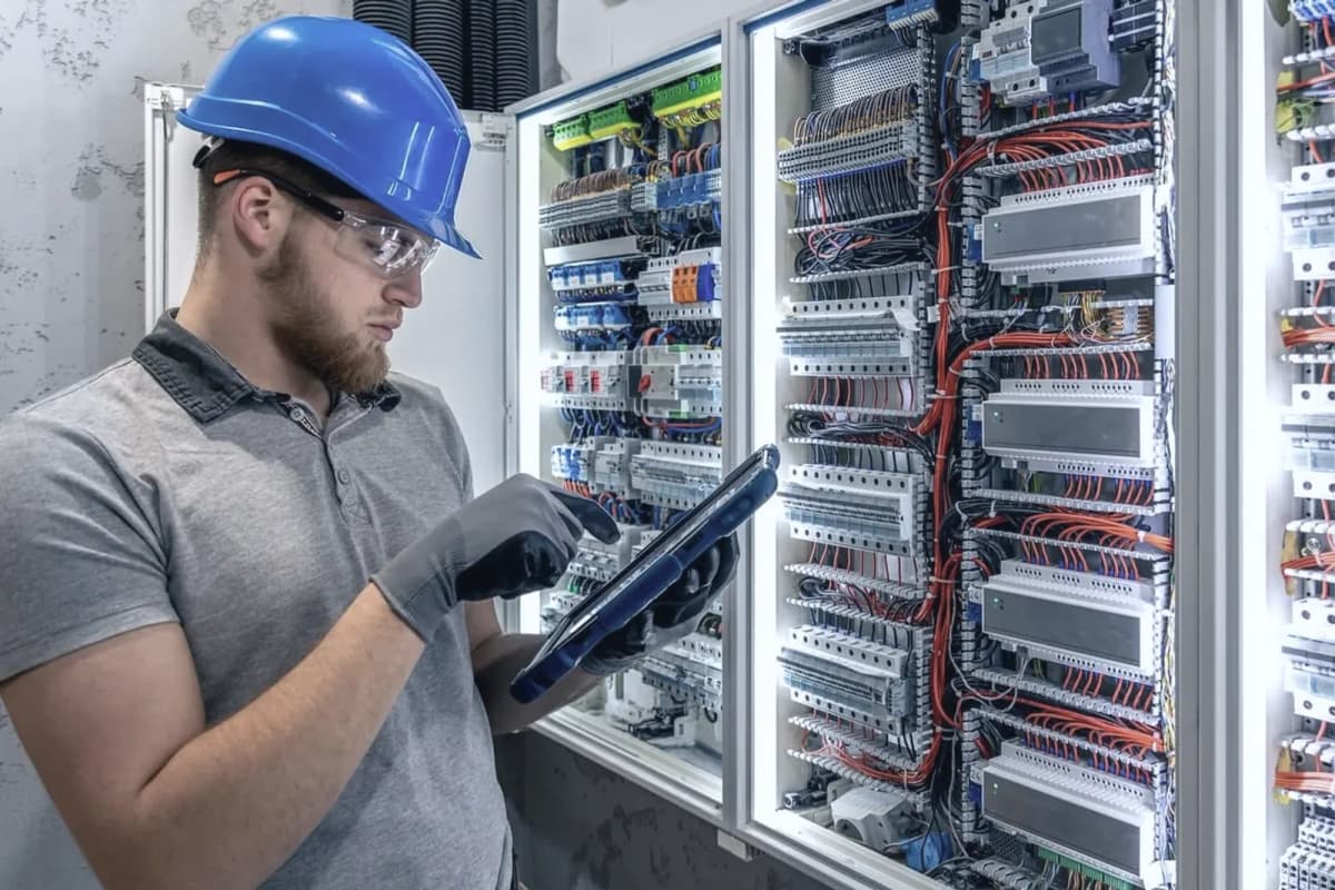 Technicus met tablet voor een open schakelkast
