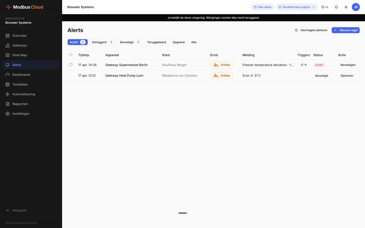 Portal: list of open alerts with their severity and status