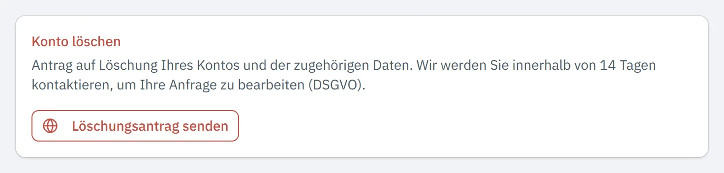 Einstellungen, Mein Profil mit dem Block Konto löschen und der Schaltfläche Löschungsantrag senden am unteren Rand
