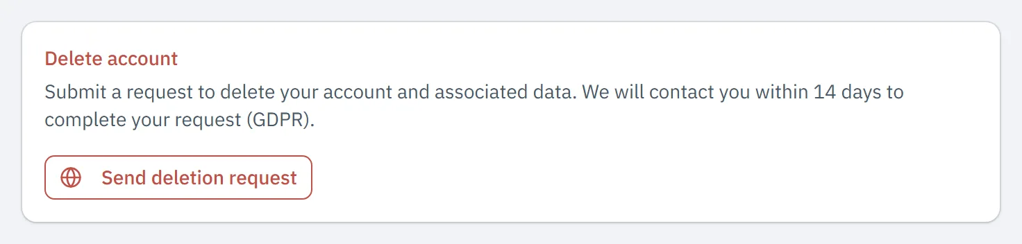 Settings, My profile with the Delete account block at the bottom and the Send deletion request button