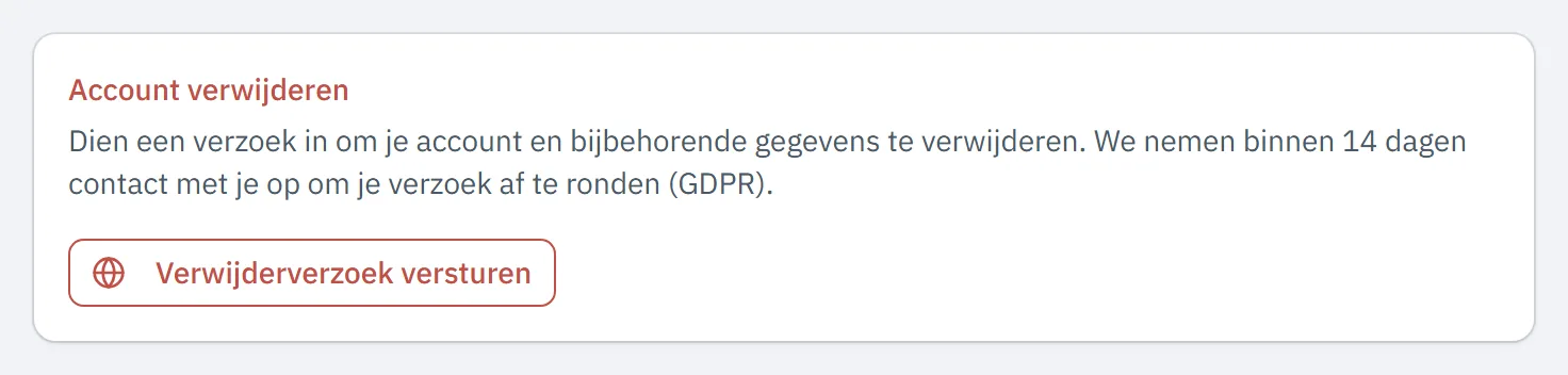 Instellingen, Mijn profiel met onderaan het blok Account verwijderen en de knop Verwijderverzoek versturen