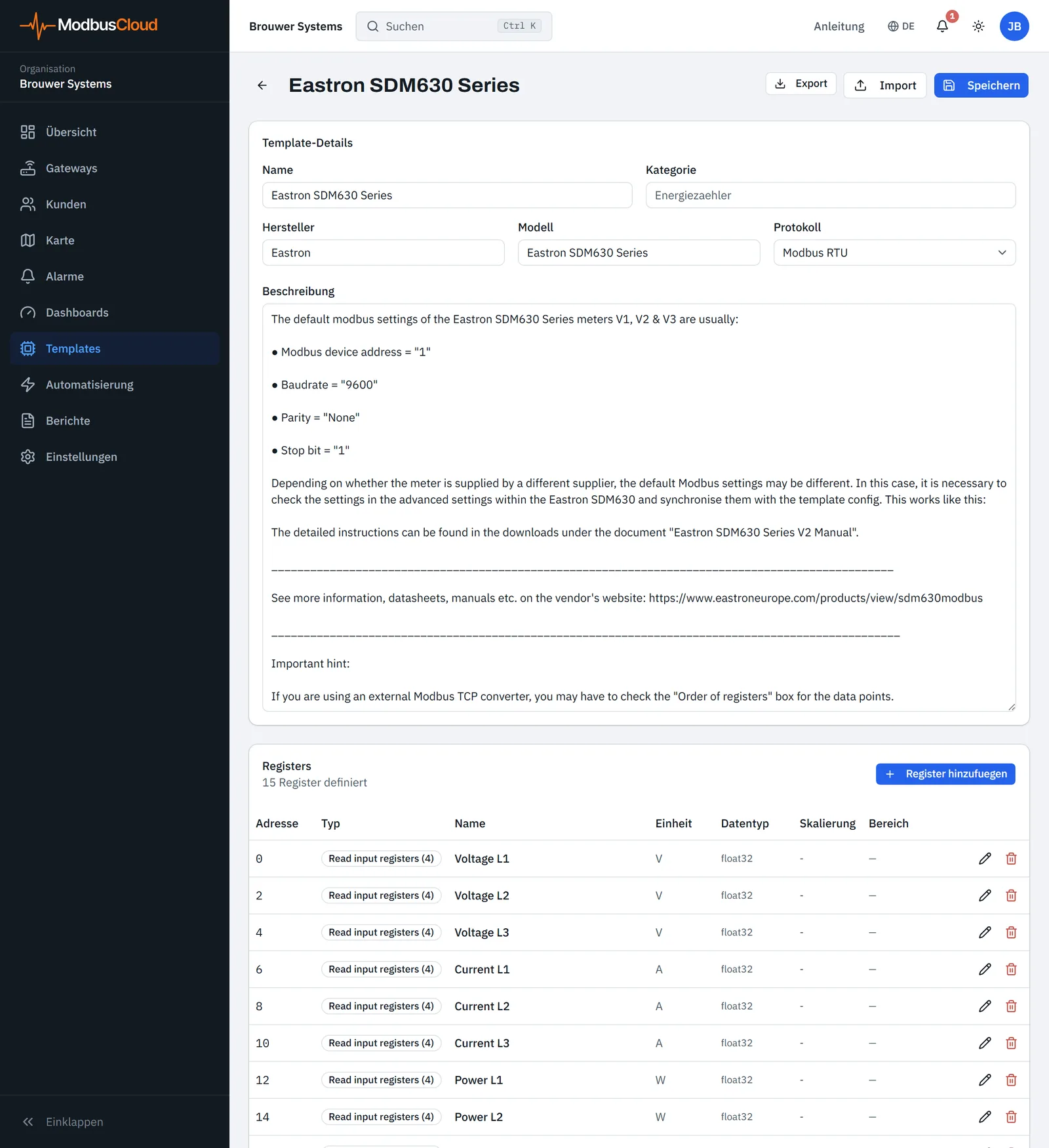 Seite eines Templates mit Template-Details, der Registerliste und den Schaltflächen Export, Import und Speichern