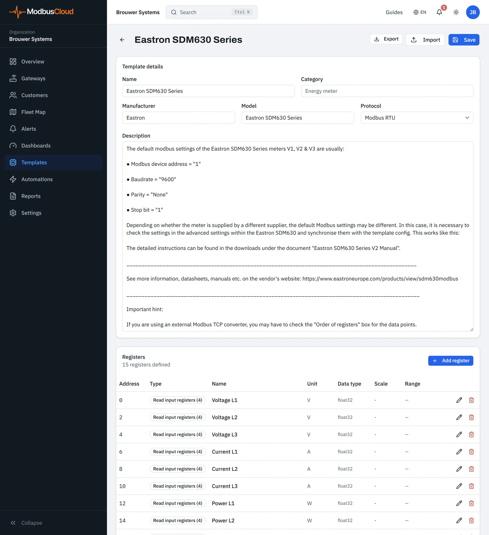 Template page with Template details, the register list and the Export, Import and Save buttons