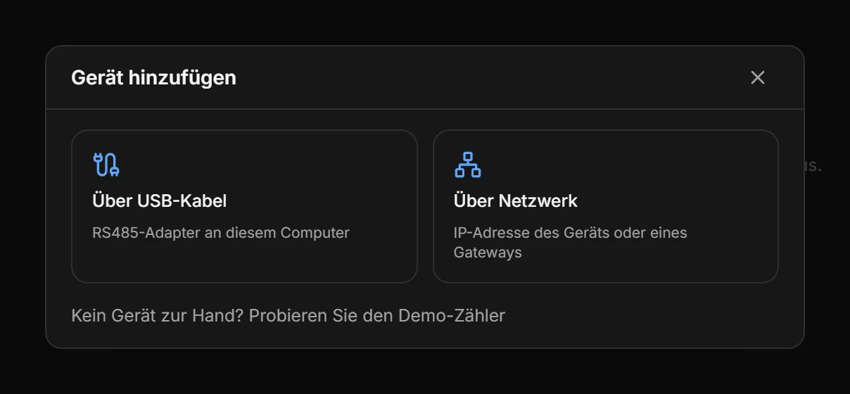 Fenster Gerät hinzufügen in ModbusCloud Diagnostics mit den Optionen Über USB-Kabel und Über Netzwerk