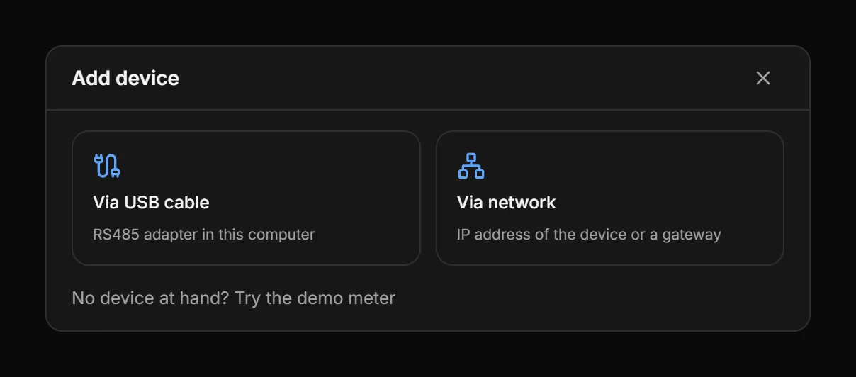 Add device window in ModbusCloud Diagnostics with the choices Via USB cable and Via network