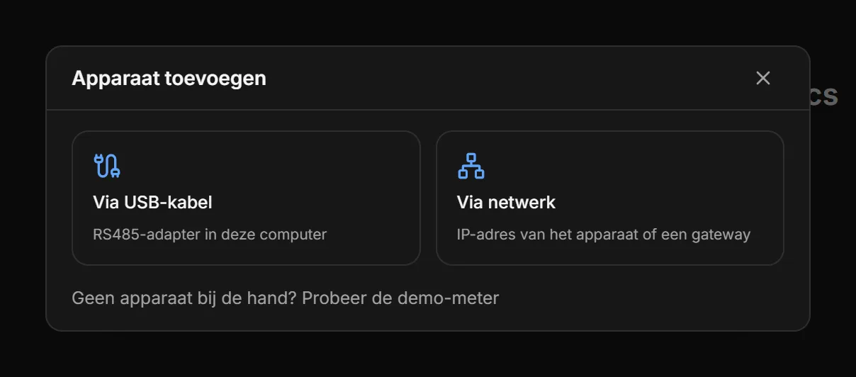 Venster Apparaat toevoegen in ModbusCloud Diagnostics met de keuzes Via USB-kabel en Via netwerk