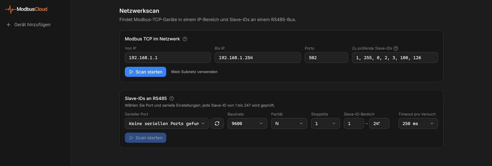 Seite Netzwerkscan mit den Blöcken Modbus TCP im Netzwerk und Slave-IDs an RS485