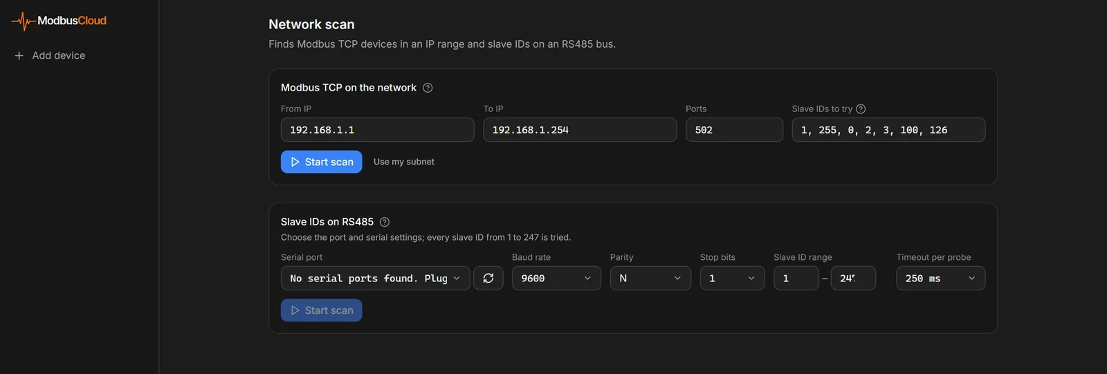 Network scan page with the blocks Modbus TCP on the network and Slave IDs on RS485