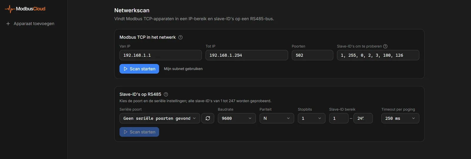 Pagina Netwerkscan met de blokken Modbus TCP in het netwerk en Slave-ID's op RS485