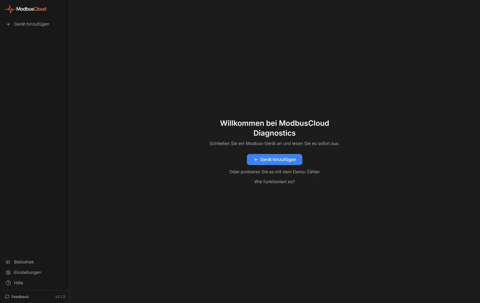 Willkommensbildschirm von ModbusCloud Diagnostics mit der Schaltfläche Gerät hinzufügen und dem Link zum Demo-Zähler