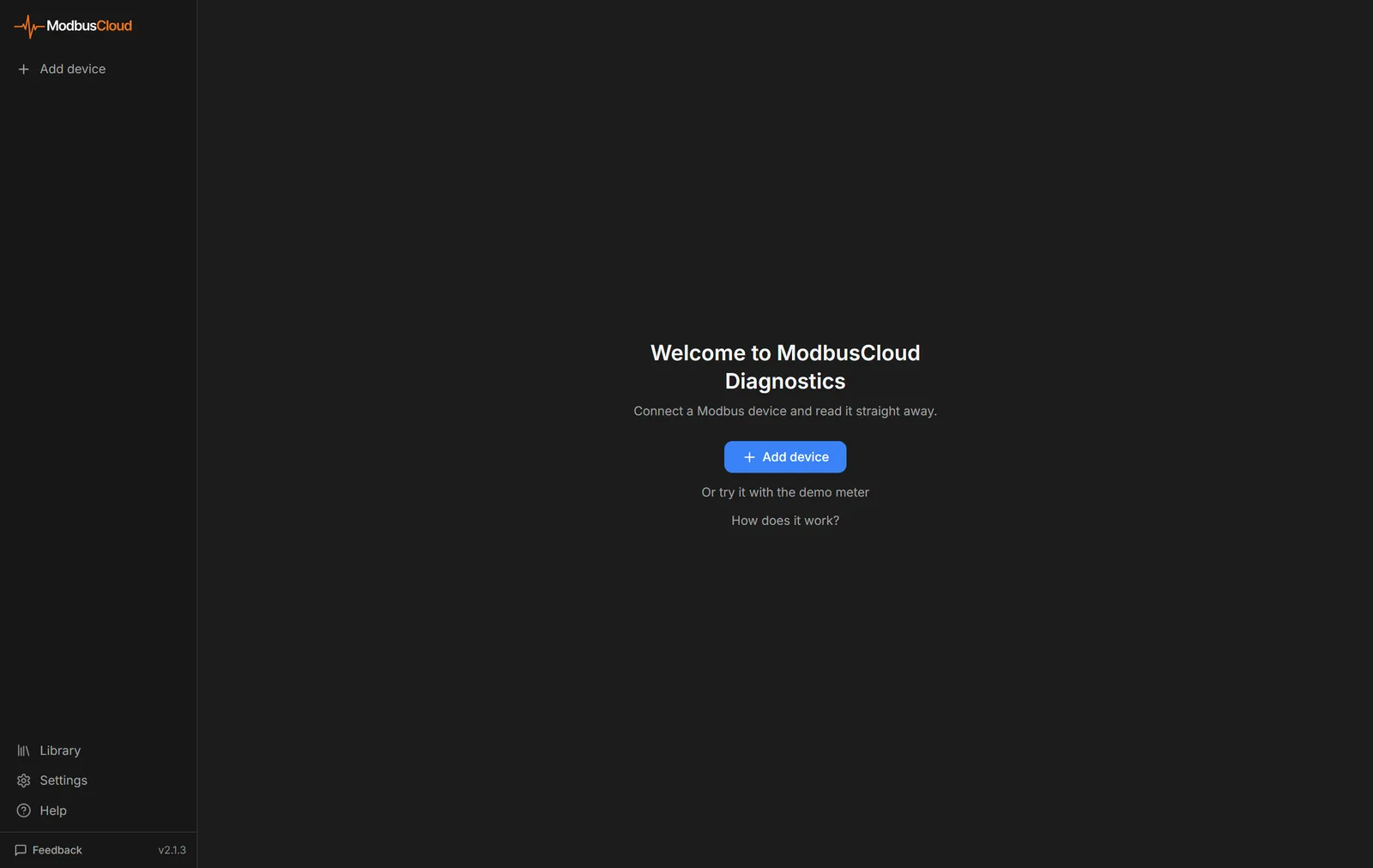 Welcome screen of ModbusCloud Diagnostics with the Add device button and the link to the demo meter