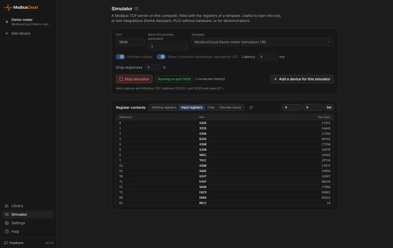 Simulator screen in Diagnostics with the settings, the status Running on port 5020 and the register contents