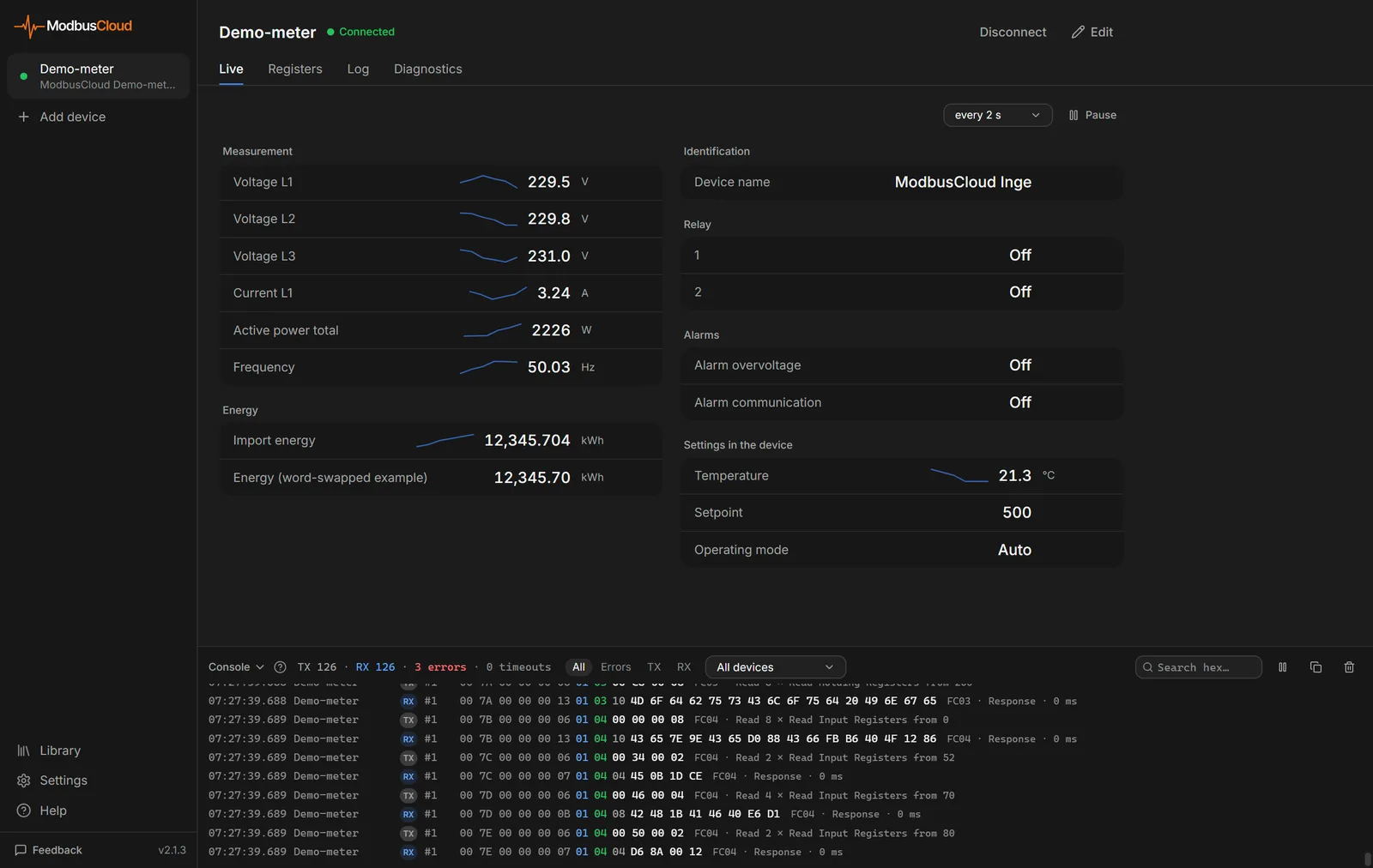 Console at the bottom of the window with TX and RX lines in hex and the counters for errors and timeouts