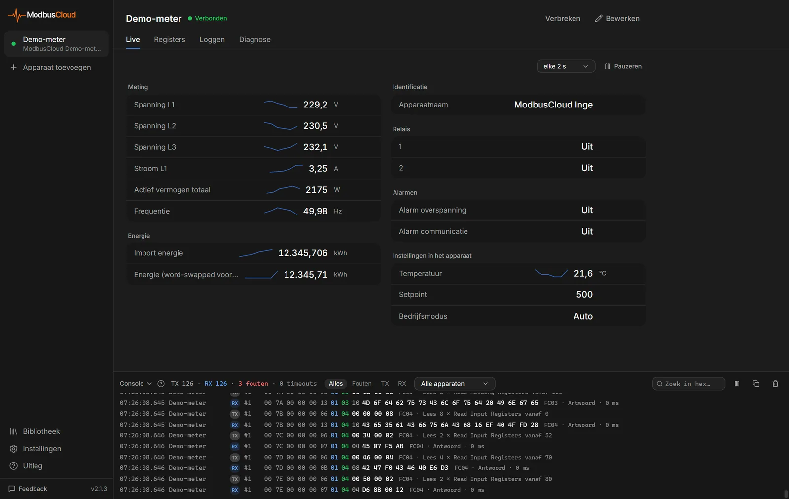 Console onderaan het venster met TX- en RX-regels in hex en de tellers voor fouten en timeouts