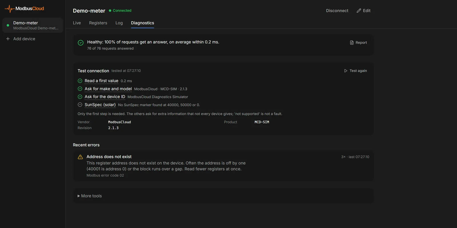 Diagnostics tab with the verdict on the connection, the connection test and Recent errors