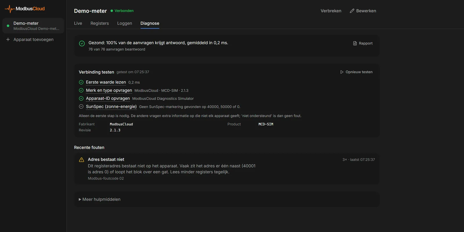 Tabblad Diagnose met het oordeel over de verbinding, de verbindingstest en Recente fouten