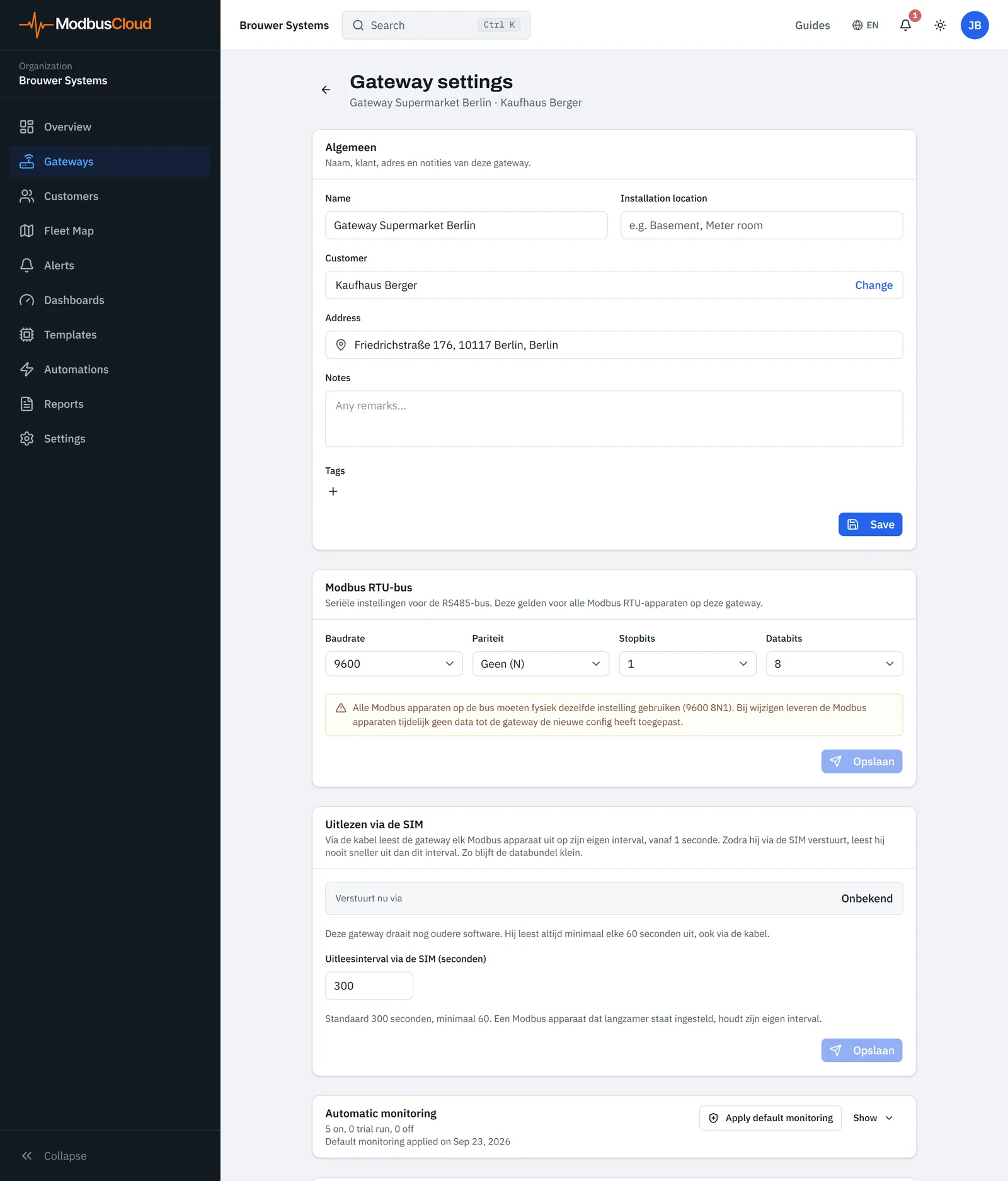 Gateway settings page with the blocks Algemeen, Modbus RTU-bus and Uitlezen via de SIM