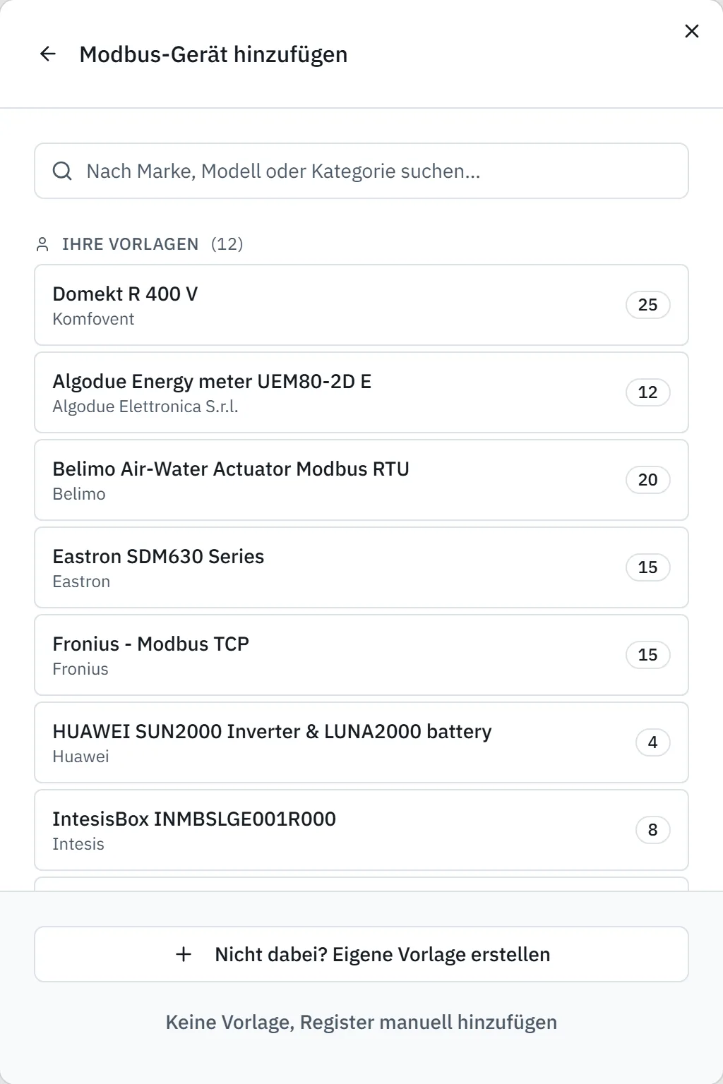 Bibliothek beim Hinzufügen eines Modbus-Geräts, unten mit den Schaltflächen für eine eigene Vorlage und ohne Vorlage