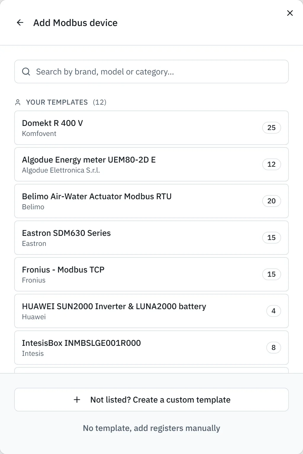 Library when adding a Modbus device, with the buttons for a custom template and for no template at the bottom