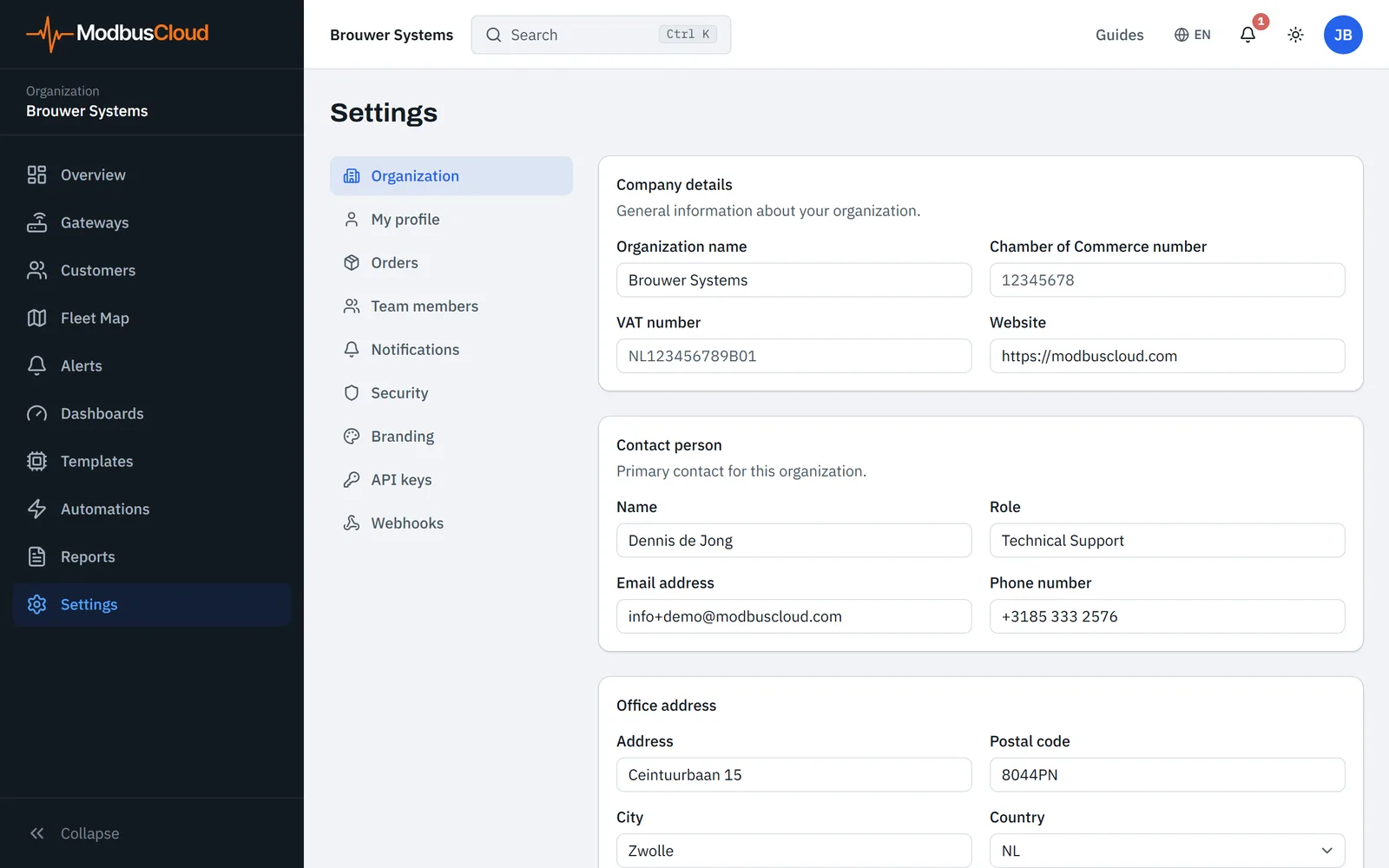 Settings, Organization with the submenu and the blocks Company details and Contact person