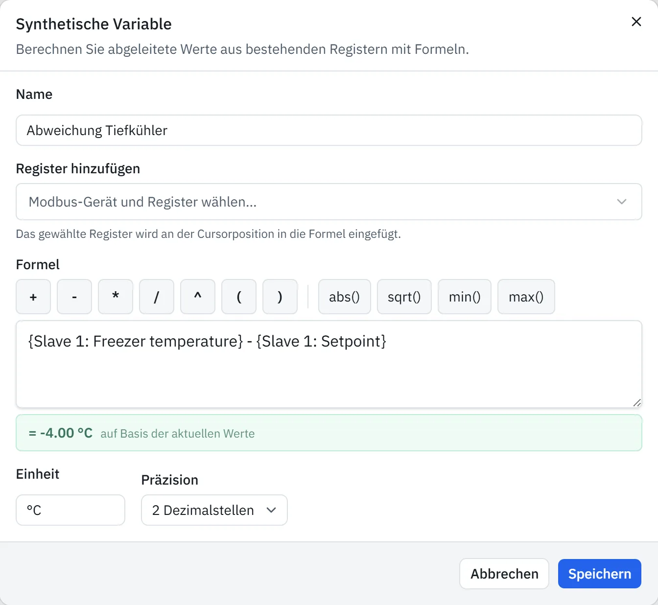Fenster Synthetische Variable mit einer Formel über zwei Register und dem Ergebnis unter dem Feld