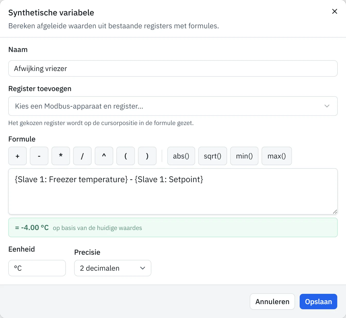 Venster Synthetische variabele met een formule over twee registers en de uitkomst onder het veld